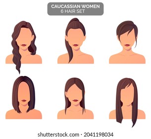 Women Brown Hairstyle Collection, Strait, Wavy Hair Premium Vector