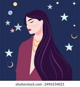 Women brunette against the background of a star pattern. The fantasy image is familiar to the zodiac. Vector illustration is suitable for horoscope, astrology. Leo, Sagittarius