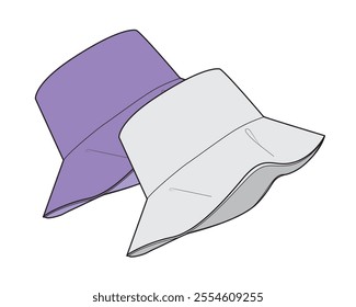 Women bucket hats design technical flat sketch vector mockup template.