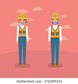 Women builders with masks and helmets against 2019 ncov virus design of Covid 19 cov infection disease symptoms and medical theme Vector illustration