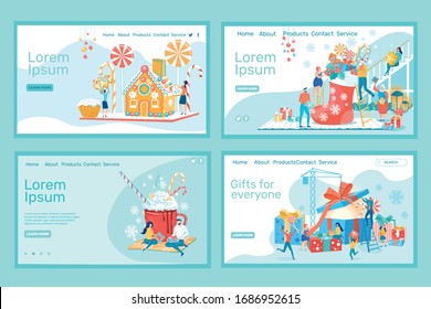 Women Building Gingerbread House Together. Two Family Generations Stuffing Red Stocking with Presents and Sweets. Couple Changing Gifts. Man on Ladder Opening Huge Gift Box. Four Landing Pages Set.