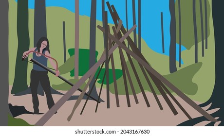 Women building a tepee in the woods. Female adventure camp at nature forest