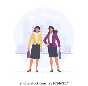 Women in business concept. Two female characters in business suits holding briefcases on the city background. Flat vector illustration