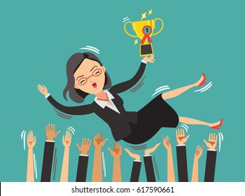 women business leader with a trophy and his team celebrating their success.Isolated on white background.Vector illustrations