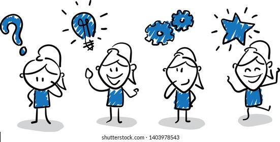 Women and business people work strategy. Girl hand drawn doodle line art cartoon design character - isolated vector illustration outline of woman.