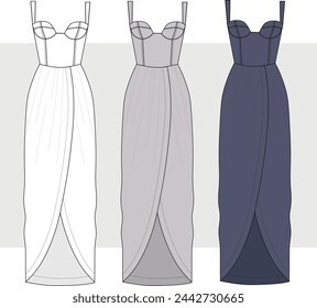 Women Bustier maxi Dress technical fashion illustration. Corset strapless Dress fashion flat technical drawing template. Technical fashion illustration. 