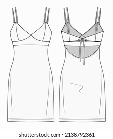 Minivestimenta de mujeres bustier dibujo plano ilustración vectorial. Chica ropa de gallina moda dibujo técnico plano. Diseño de la moda de Slip Dress.