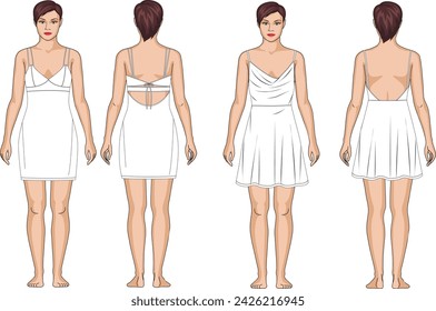 Women bustier mini dress flat sketch vector illustration. Girl strappy dress fashion flat technical drawing. Slip Dress fashion design