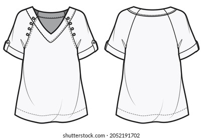 Women Button Detail Raglan Sleeve V-neck Top Front and Back View. fashion illustration vector, CAD, technical drawing, flat drawing.