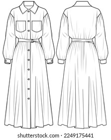 Women button front dress design with collar flat sketch fashion illustration with front and back view. Double pocket collar long sleeve dress drawing vector template