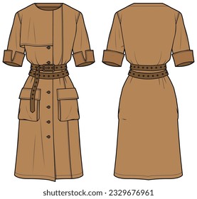 Women button front safari dress design with collar flat sketch fashion illustration with front and back view. Double pocket collar long sleeve cargo dress drawing vector template