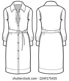 Women button front shirt dress design with collar flat sketch fashion illustration with front and back view. rope belted long sleeve shirt dress drawing vector template
