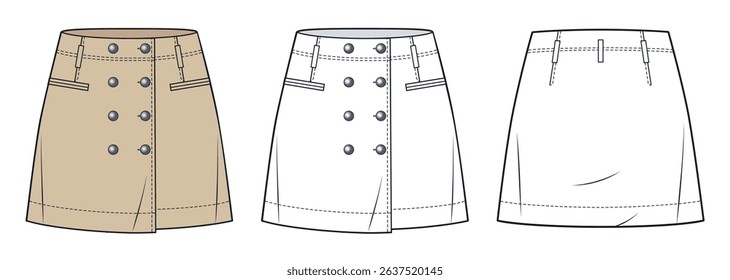 Women Buttoned Mini Skirt Technical Fashion Illustration. Denim Skirt fashion flat technical drawing template, pockets, front and back view, white, beige, women CAD mockup.