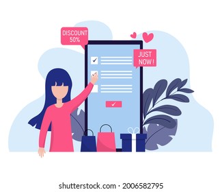 women buy orders online shopping smartphone. business and e-commerce concept. search goods online store on mobile. vector illustration in flat cartoon style design.