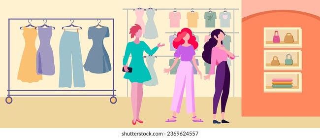 Women buying in boutique. Clothes hanger, garment rack, showroom and clothing organization concept. Clothes, hangers, shoes, bags. Flat vector illustration. Hand drawn, Not AI, 