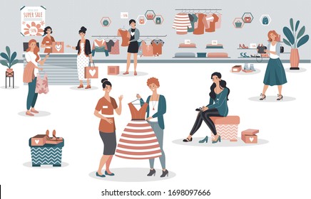 Women buying clothes in fashion shop, super sale campaign in boutique, vector illustration. People shopping in outlet store, friendly assistant and cashier helping customers choose dress and shoes