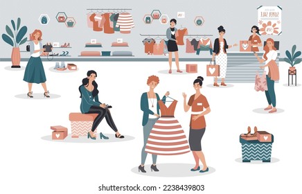 Women buying clothes in fashion shop, super sale campaign in boutique, people vector illustration