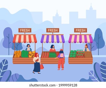 Women buying fresh food at local market flat vector illustration. Cartoon venders selling organic fruits and vegetables in city park. Street trade, farm, production concept