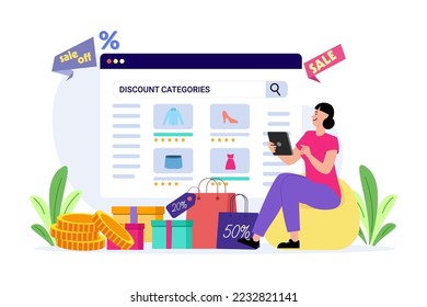 mujeres comprando en la tienda online de ecommerce durante la venta Diseño de concepto de compras en línea