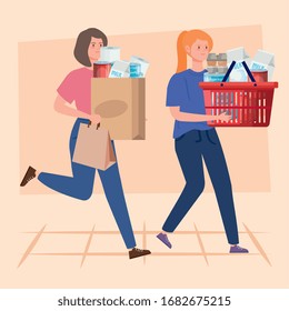 women buying in overstocking by covid 19 vector illustration design