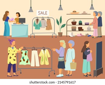 Women buying stylish clothes at clothing store or apparel boutique. Hand drawn vector illustration