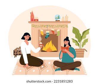 Mujeres por chimenea. Niñas con bebidas calientes, café o té sentadas en casa. Confort y comodidad en el apartamento. Símbolo de vacaciones de invierno, Año Nuevo y Navidad. Dibujo vectorial plano de dibujos animados