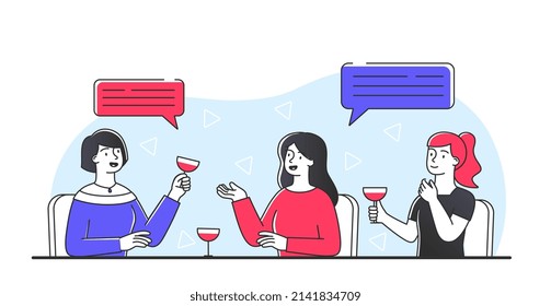 Women in cafe. Girls talking with glasses in their hands, characters relaxing in elite restaurant. Students discuss gossip and rumors, having lunch together. Cartoon flat vector illustration