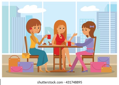 Women in cafe vector Illustration with city landscape on window. Three beautiful friends  with shopping packages talking friendly at coffee shop while drinking.