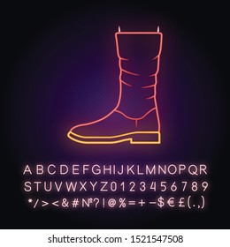 Women calf boots neon light icon. Leather shoes side view. Female flat heel footwear design for fall, spring and winter. Glowing sign with alphabet, numbers and symbols. Vector isolated illustration