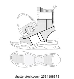 Women calf high top sandals flat sketch vector mockup template technical illustration.