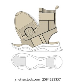 Women calf high top sandals technical flat design vector mockup template.