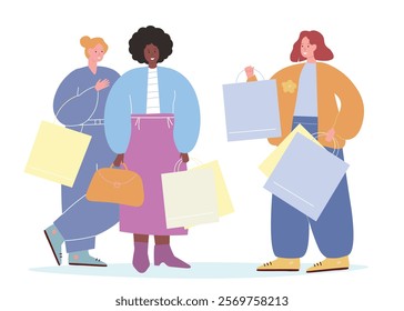 Women came to the store to do some shopping. Girls at a sale with packages and things. Vector flat graphics.