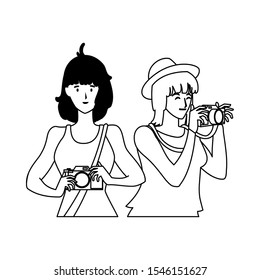 Women with camera design, Device gadget technology photography equipment digital and photo theme Vector illustration