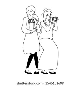 Women with camera design, Device gadget technology photography equipment digital and photo theme Vector illustration