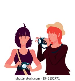 Women with camera design, Device gadget technology photography equipment digital and photo theme Vector illustration
