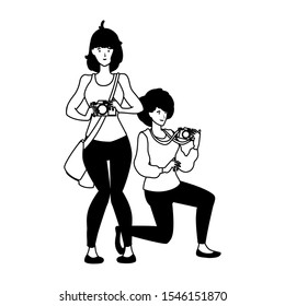 Women with camera design, Device gadget technology photography equipment digital and photo theme Vector illustration
