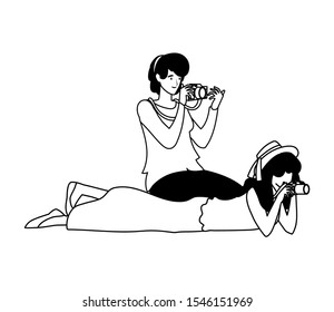 Women with camera design, Device gadget technology photography equipment digital and photo theme Vector illustration