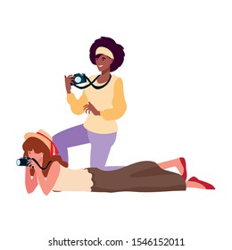 Women with camera design, Device gadget technology photography equipment digital and photo theme Vector illustration