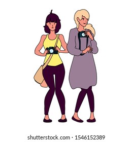 Women with camera design, Device gadget technology photography equipment digital and photo theme Vector illustration