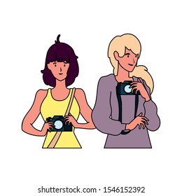 Women with camera design, Device gadget technology photography equipment digital and photo theme Vector illustration