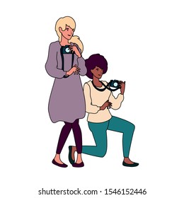 Women with camera design, Device gadget technology photography equipment digital and photo theme Vector illustration