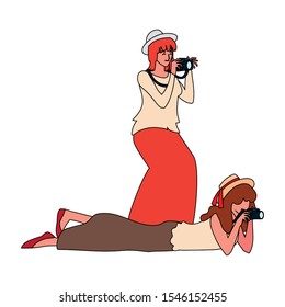 Women with camera design, Device gadget technology photography equipment digital and photo theme Vector illustration