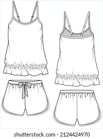 WOMEN CAMI AND LACY SHORTS NIGHTWEAR SET IN EDITABLE VECTOR FILE