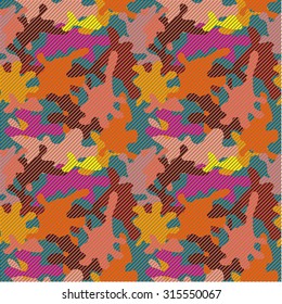 Women camouflage hatched seamless pattern. Brown, yellow, purple, grey.
