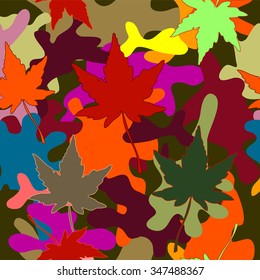 Women camouflage seamless pattern with Japanese maple leaves. Green, khaki, red, orange, purple. Backgrounds & textures shop.