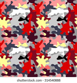 Women camouflage seamless pattern. Red, yellow, purple, grey. Backgrounds & textures shop.