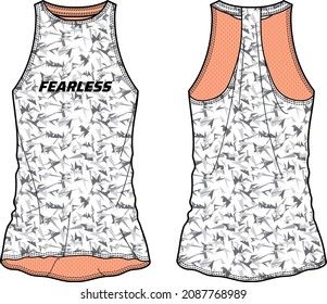 Women camouflage Sleeveless Tank flow top with racer back, flat sketch concept fashion Illustration Vector suitable for girls and Ladies for gym wear, training top, running tank top, and workout wear