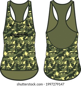 Women Camouflage Sleeveless Tank top Sports t-shirt Jersey design concept Illustration suitable for girls and Ladies for Volleyball jersey, Soccer, netball, Round neck sports uniform