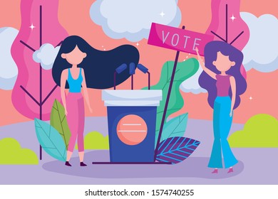 women campaign podium microphones politics election democracy voting vector illustration