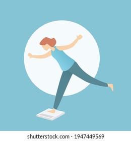 Women can lose weight success,She step on the weight scale with happy and confidence,exercise and diet,They have a better body shape,Good health,Cartoon vector illustration.